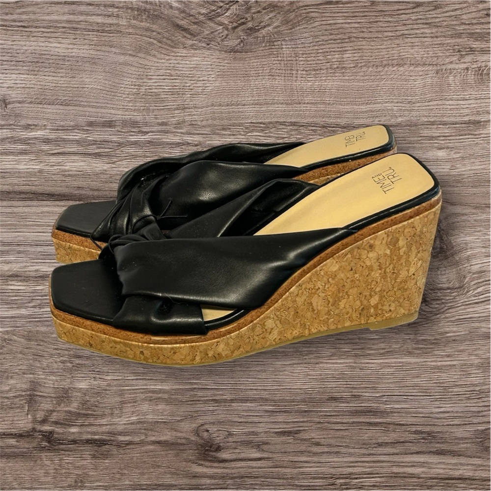 Time and Tru black square too platform cork wedge sandals womens 6 NEW